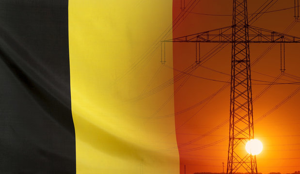 Energy Concept Belgium Flag with sunset power pole - Powered by Adobe