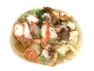 Roast pork, crispy pork and dumpling shimp in wonton soup on the