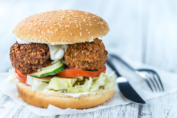 Falafel Burger on wooden background