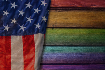 Rainbow Color on Wooden Plate with United State of America Flag, Rights of Lesbian, Gay, Bisexual and Transgendered People in America