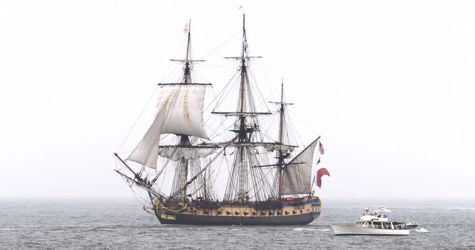 Slow motion of vintage ship in the ocean