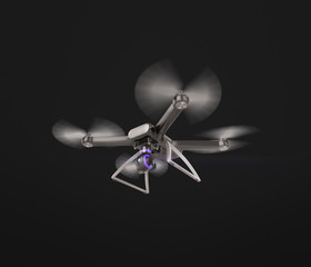 Modern Remote Control Air Drone Flying with action camera. on black background. 3D .