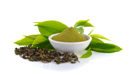 powder green tea and green tea leaf  on white