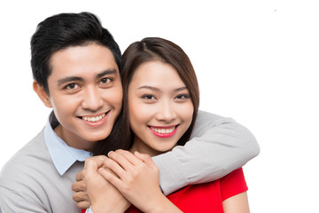 Happy asian couple isolated on white background.