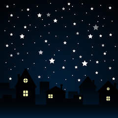 Naklejka premium Stars, Sky, Night. Silhouette of the City. Moon.