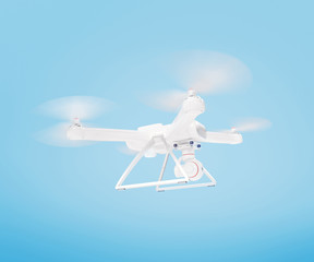 Modern white drone hovering in a bright blue sky. 3D .