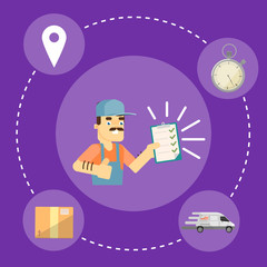 Smiling delivery man in uniform with clipboard isolated on perpl background. Fast delivery banner, vector illustration. Professional courier service. Postman character