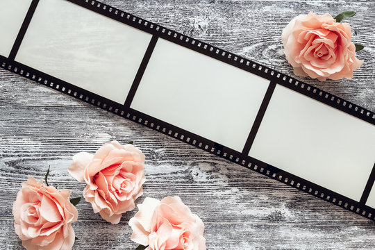 Background with a frame in the form of a film, and pink roses on