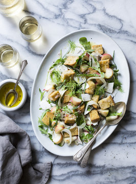 Donut Peach Panzanella with Arugula, Ricotta Salata and Tarragon (gluten-free)