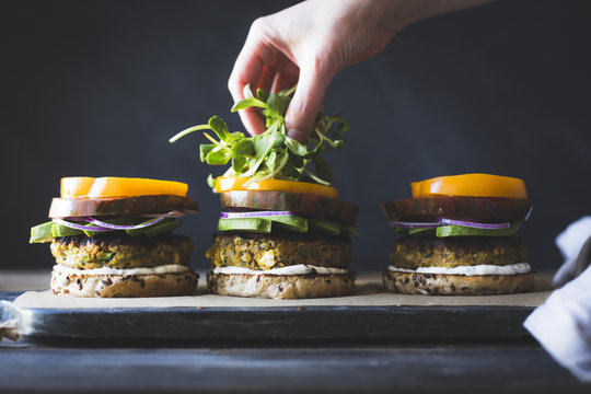 Spiced Zucchini, Feta and Chickpea Veggie Burgers with Minted Yogurt Sauce