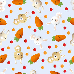 seamless pattern with smiling brown and white bannies  and orange carrots on a blue background 