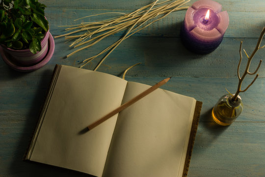 Notebook, pencil, scented candles, essential oils, tree branches, small trees in pots. On a wooden table