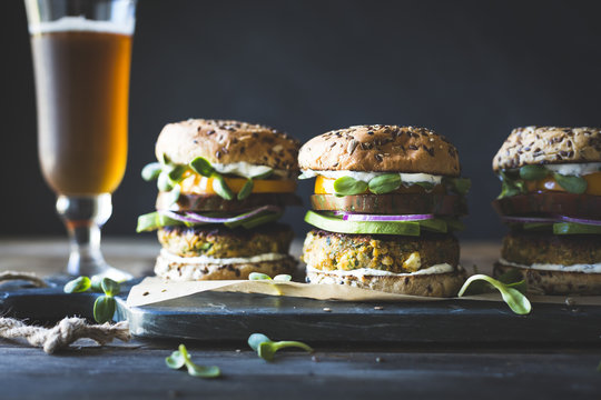 Spiced Zucchini, Feta and Chickpea Veggie Burgers with Minted Yogurt Sauce
