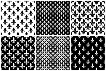 Vector fleur de lis seamless patterns set in black and white - obrazy, fototapety, plakaty