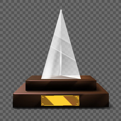 Empty realistic glass trophy awards vector statue with empty golden board. Glossy transparent trophy for award illustration. Promotional objects mock up.