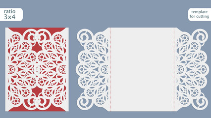 Laser cut wedding invitation card template.  Cut out the paper card with lace pattern.  Greeting card template for cutting plotter. Vector.