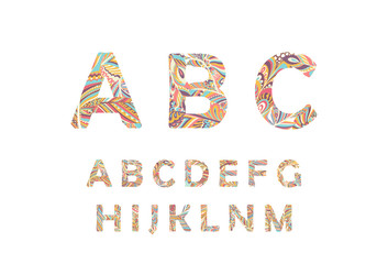 Ethnic bright vector alphabet, paisley ornaments. Hipster Graphic font. Floral and feathers simple stylized ABC design. Hand drawn vector illustration. Part 1.