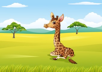 Obraz premium Cartoon giraffe sitting in the jungle