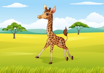Cartoon Happy giraffe in the jungle

