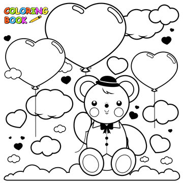 Teddy bear and heart shaped balloons in the sky. Vector black and white coloring page.