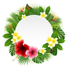 Circle blank sign with flowers and leaves background

