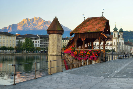 Historic city center of Lucerne with famous Chapel Bridge (Kapel