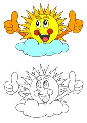 Smiling sun behind the clouds like a coloring book for young children - vector eps