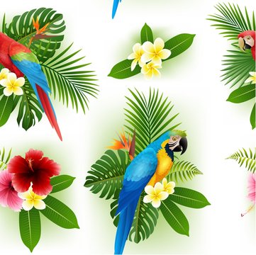 Seamless pattern of tropical flowers, tropical leaves and parrot

