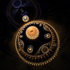 Abstract mechanism on black background. Computer-generated fractal in golden and deep blue colors.
