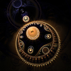 Abstract mechanism on black background. Computer-generated fractal in golden and deep blue colors.