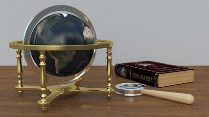 the globe on the table with a book and a magnifying glass