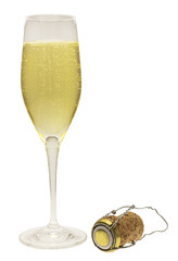 Sparkling wine glass with cork, isolated on white