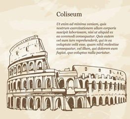 Vintage banner with hand drawn illustration of Coliseum (Colosseum)