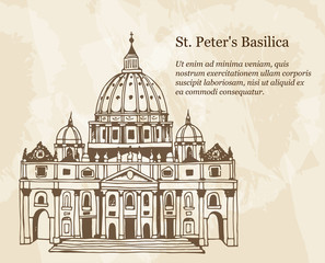 The Papal Basilica of St. Peter in the Vatican, Italy, hand drawn illustration