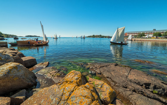Swedish coast with old sailboats