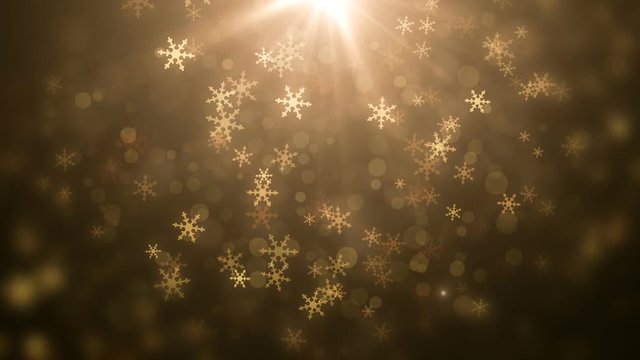  Moving gloss particles on gold background loop. Winter theme Christmas background with snowflakes. On a black background.