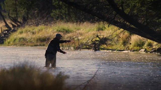Slow motion of fisherman fishing in river