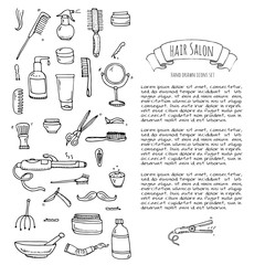 Hand drawn doodle Hair salon icons set. Vector illustration. Barber symbols collection. Cartoon hairdressing equipment elements: shampoo, mask, hair die, scissors, iron, curlers, dryer, razor.