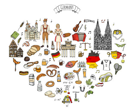 Patches. Hand drawn doodle set of Germany icons. Vector illustration set. Cartoon German landmark. Sketchy Europe travel collection: Sausage, Beer, Wheat bread, football, tennis, classic music, castle