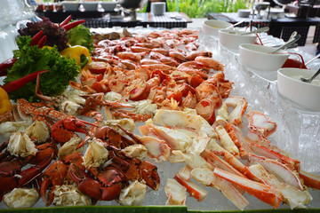  Alaska King Crab, Seafood buffet line in hotel restaurant