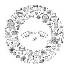 Hand drawn doodle Thanksgiving icons set. Vector illustration autumn symbols collection. Cartoon celebration elements: turkey, hat, cranberry, vegetables, pumpkin pie, leaves, cornucopia, basket.