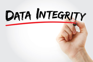 Hand writing data integrity with marker, concept background