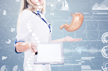 Double Exposure, Doctor holding human organs and tablet , gray background.