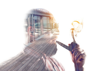 Double exposure concept with bearded man ( hipster) with a cigar and coffee house isolated on white