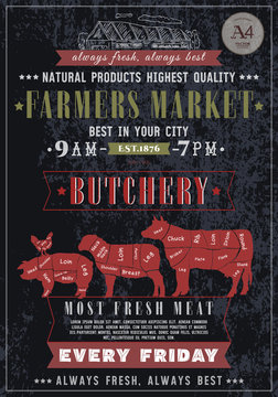 Butcher shop vintage poster. Fresh meat beef, pork, lamb.