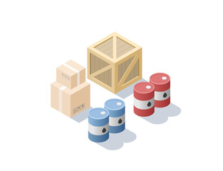 Vector isometric set of different cargo, blue and red oil barrels, carton, wooden box, Transportation icon, delivery service