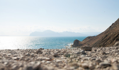 Fototapeta na wymiar Nature of the Crimea. Beautiful sea view with mountains in the village of Koktebel