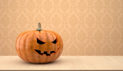 Halloween pumpkin on wooden table and patterned wallpaper. 3d rendering