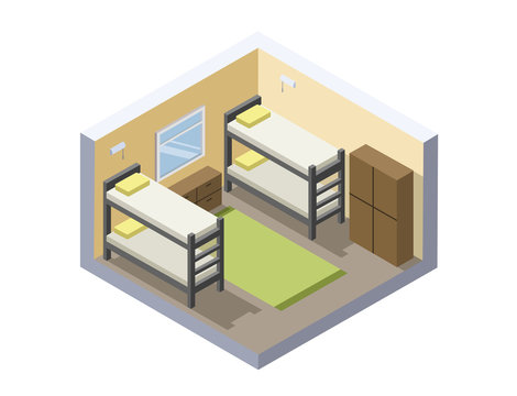 recommend clip art: Vector Isometric illustration of hostel room. Flat 3d. Interior design. Cheap hotel icon.