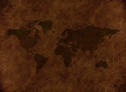 World Map on Dark Old Vintage Leather Texture Background